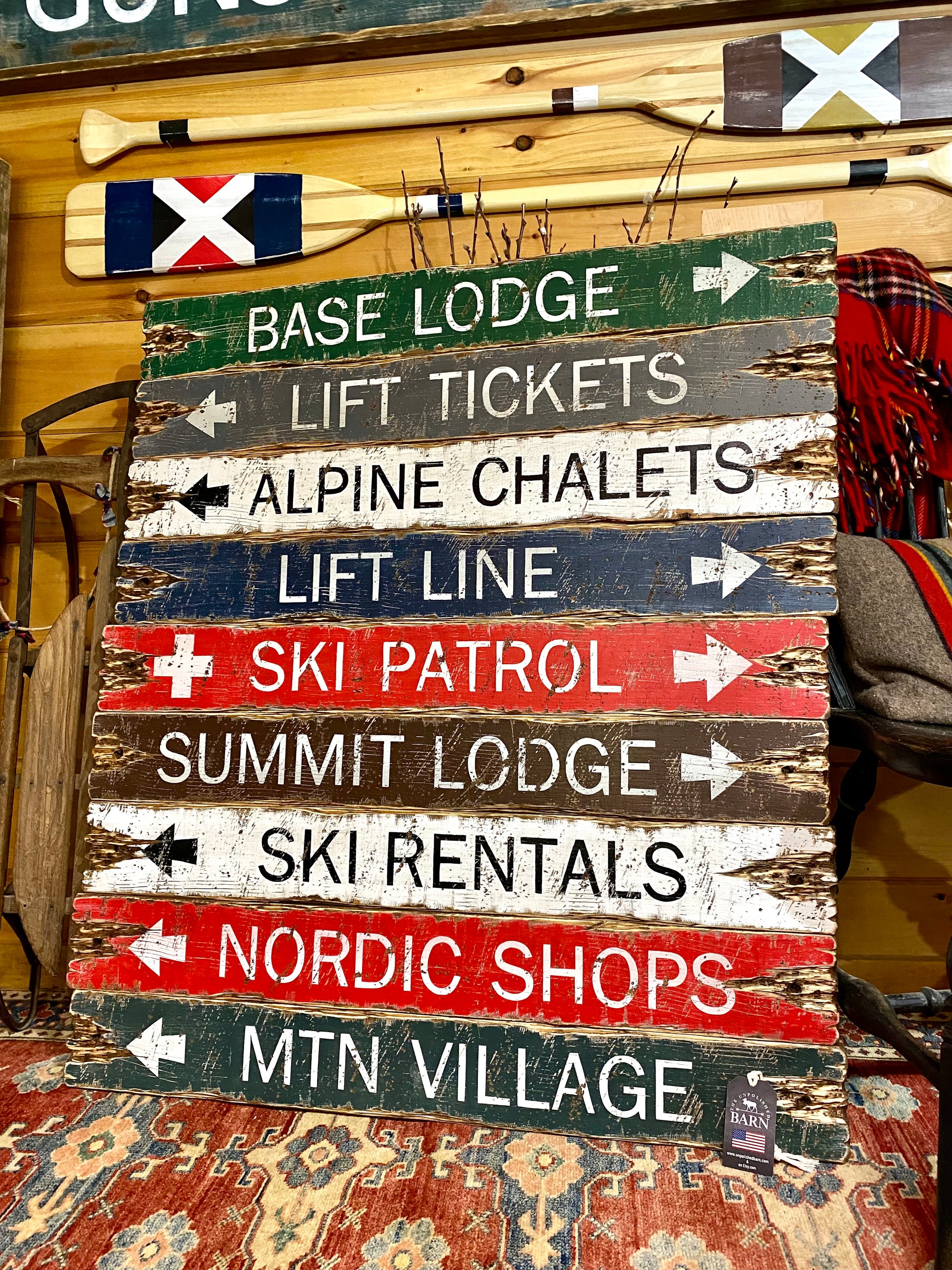 Handmade in Maine rustic ski resort directional sign with base lodge, summit lodge, and alpine chalet arrows — vintage cabin and lodge décor for ski mountain retreats.