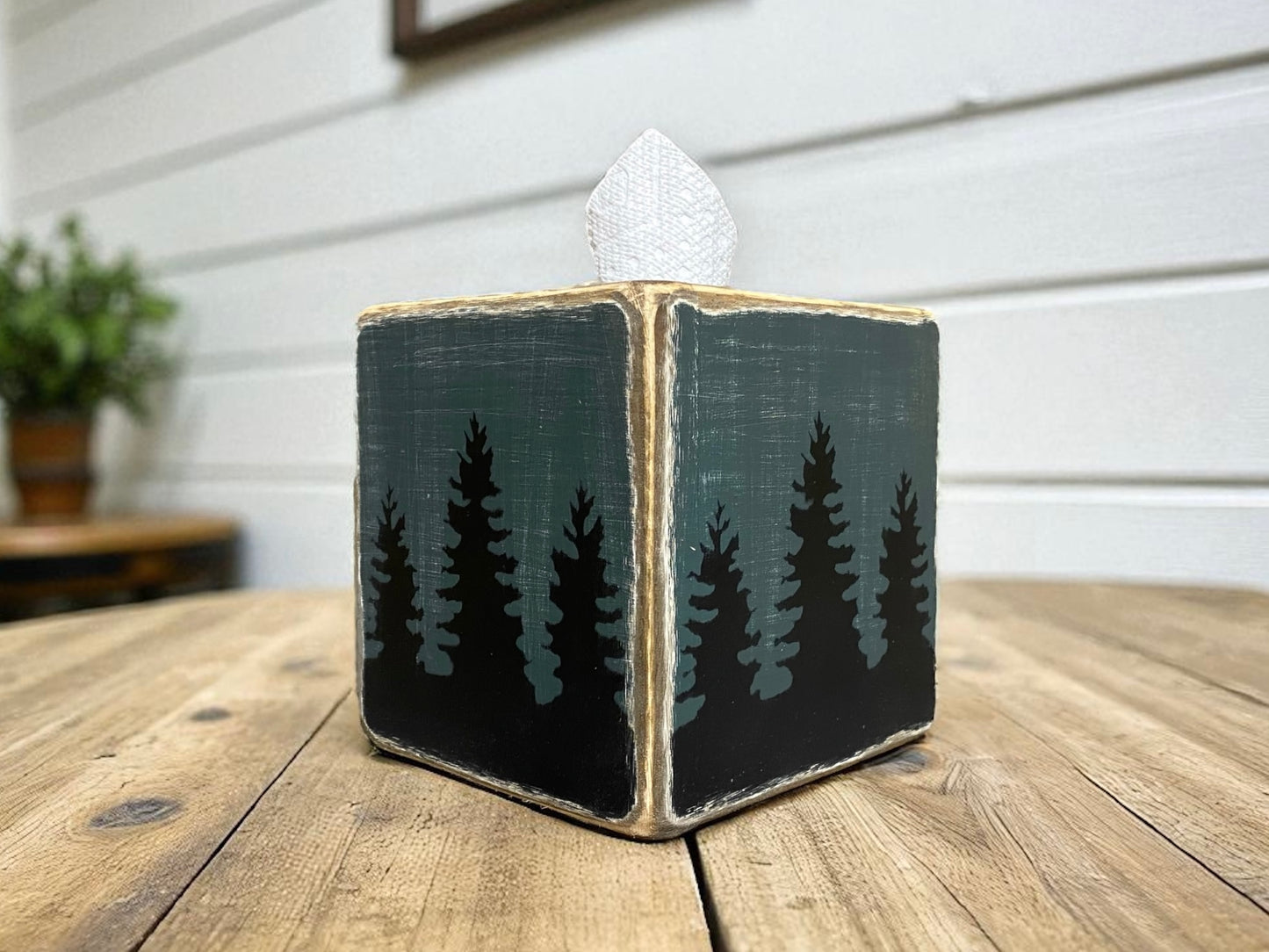 rustic cabin tissue box cover with pine tree forest design, distressed wood lodge decor for cozy mountain cabin or woodland home style.