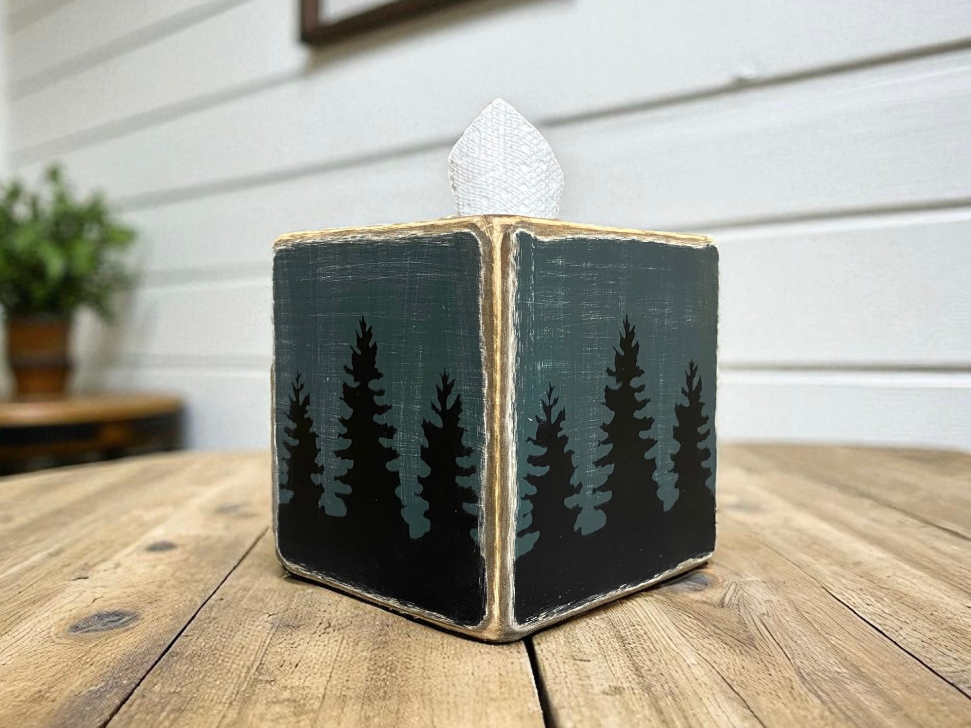 rustic cabin tissue box cover with pine tree forest design, distressed wood lodge decor for cozy mountain cabin or woodland home style.