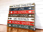 Rustic ski trail signs for lodge and cabin decor – handmade wooden mountain cabin wall art featuring Base Lodge, Alpine Chalets, and Summit Lodge designs by The Unpolished Barn LLC