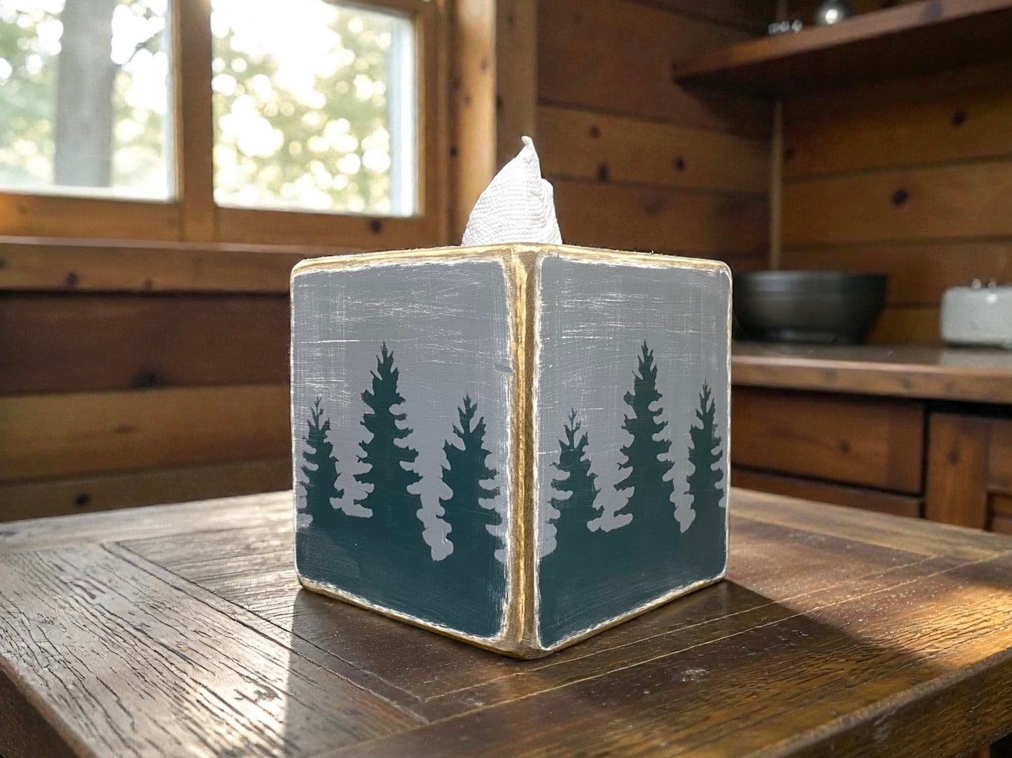 log home rustic tissue box cover with woodland pine tree handprinted image, a cozy cabin style for rustic homes and mountain retreats