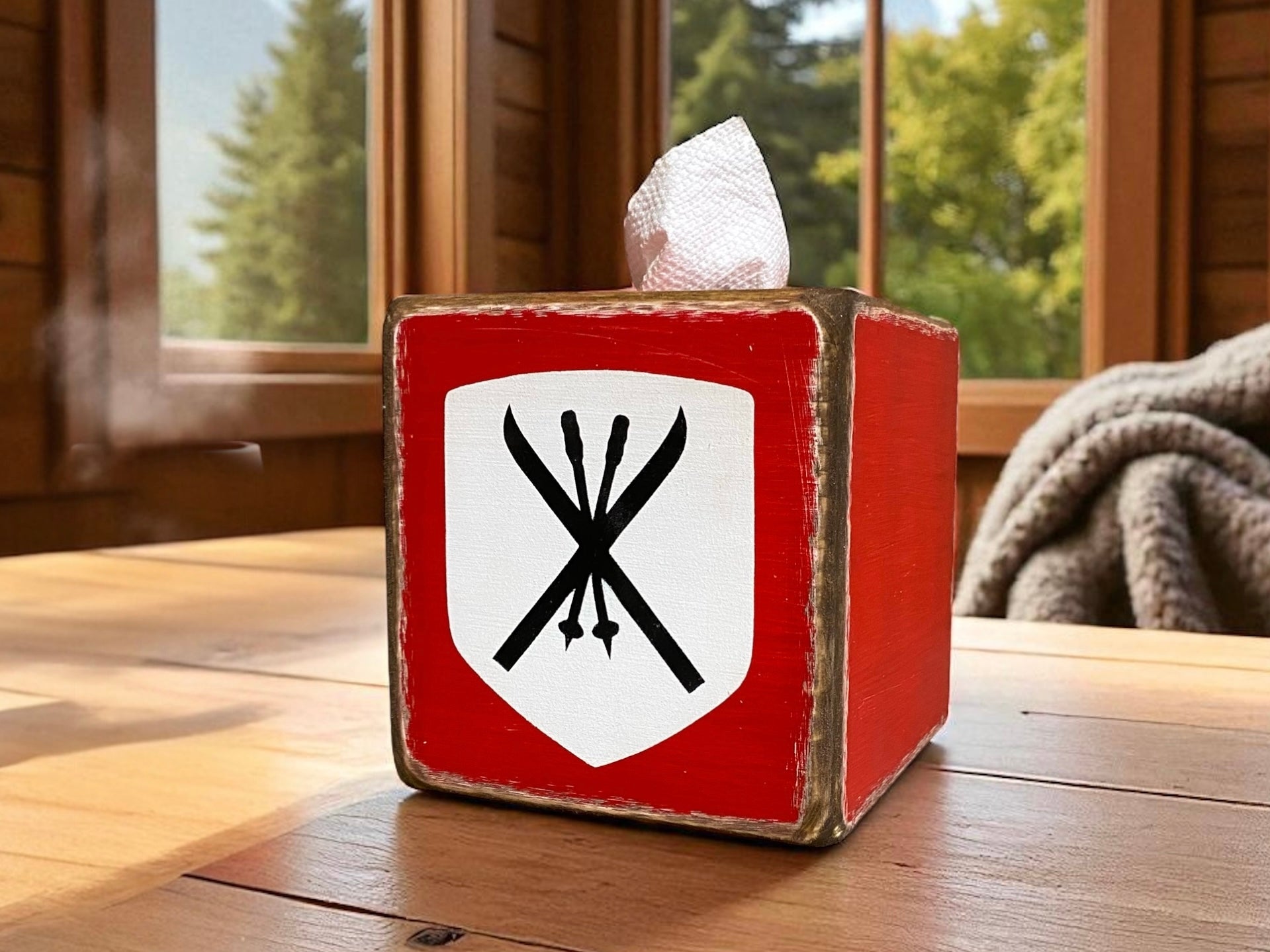 Handcrafted red ski lodge tissue box cover with vintage crossed skis design — cozy rustic decor that adds mountain charm to any cabin, handmade in Maine.