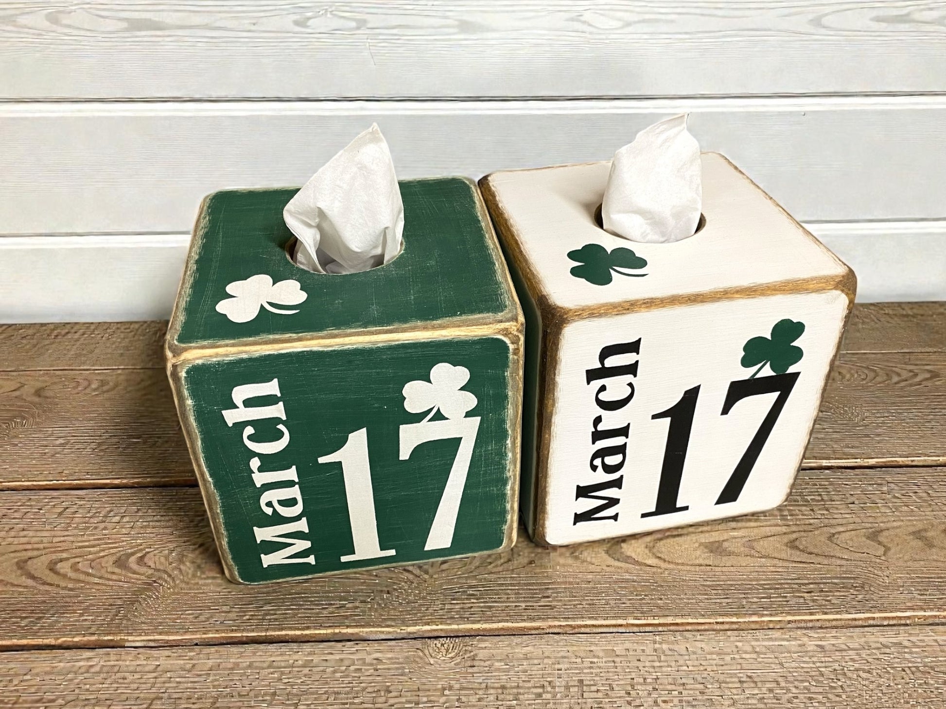 Top view of St Patrick’s Day tissue box covers with March 17 lettering and shamrock design, rustic Irish holiday decor shown from above highlighting handcrafted wood construction and distressed finish, decorative tissue box covers for farmhouse bathrooms, cabin kitchens, lodge powder rooms, and country home seasonal decorating, festive Irish accent for holiday home decor, handmade in Maine