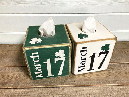 Top view of St Patrick’s Day tissue box covers with March 17 lettering and shamrock design, rustic Irish holiday decor shown from above highlighting handcrafted wood construction and distressed finish, decorative tissue box covers for farmhouse bathrooms, cabin kitchens, lodge powder rooms, and country home seasonal decorating, festive Irish accent for holiday home decor, handmade in Maine