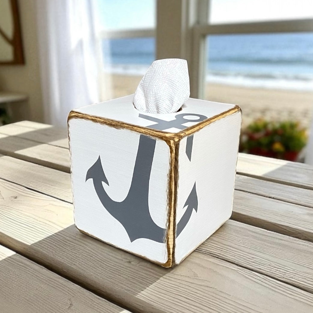 Nautical Anchor Tissue Box Cover, Rustic Coastal Decor