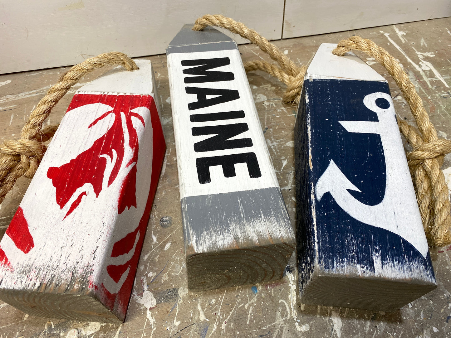 Hand Painted Maine Lobster Wood Buoy Set