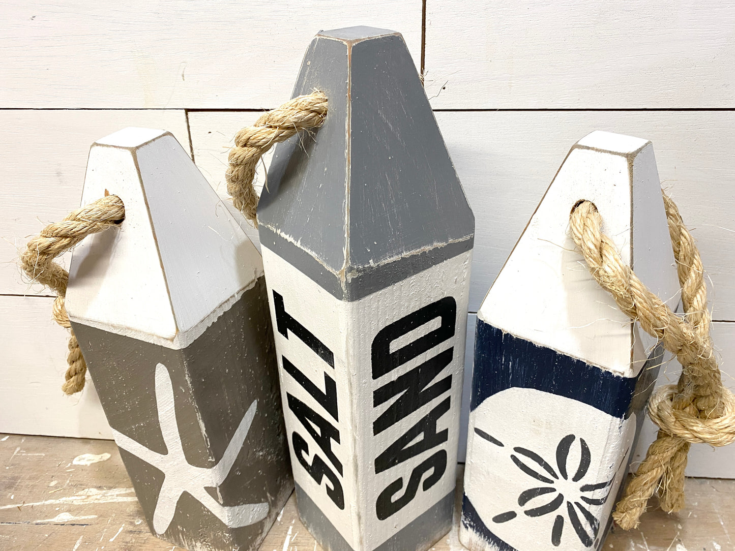 Salt Sand Beach House Wood Buoy Set, Sandollar Starfish