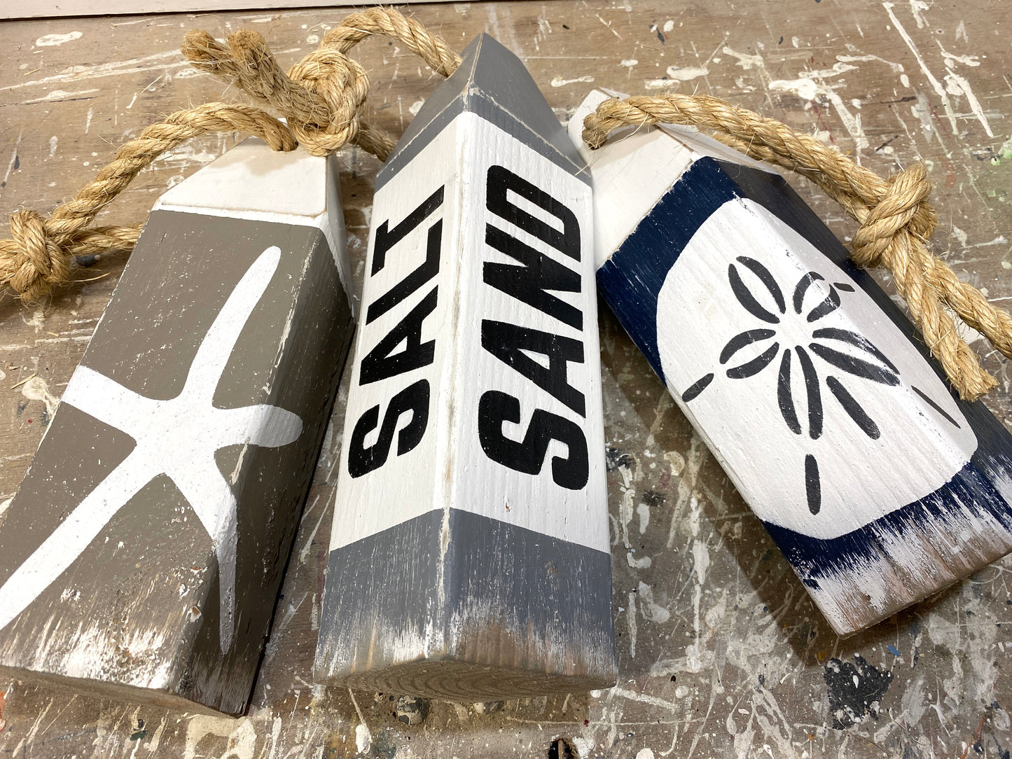 Salt Sand Beach House Wood Buoy Set, Sandollar Starfish