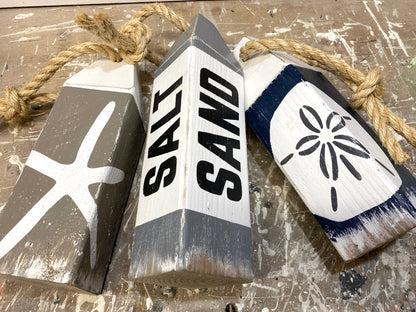 Salt Sand Beach House Wood Buoy Set, Sandollar Starfish