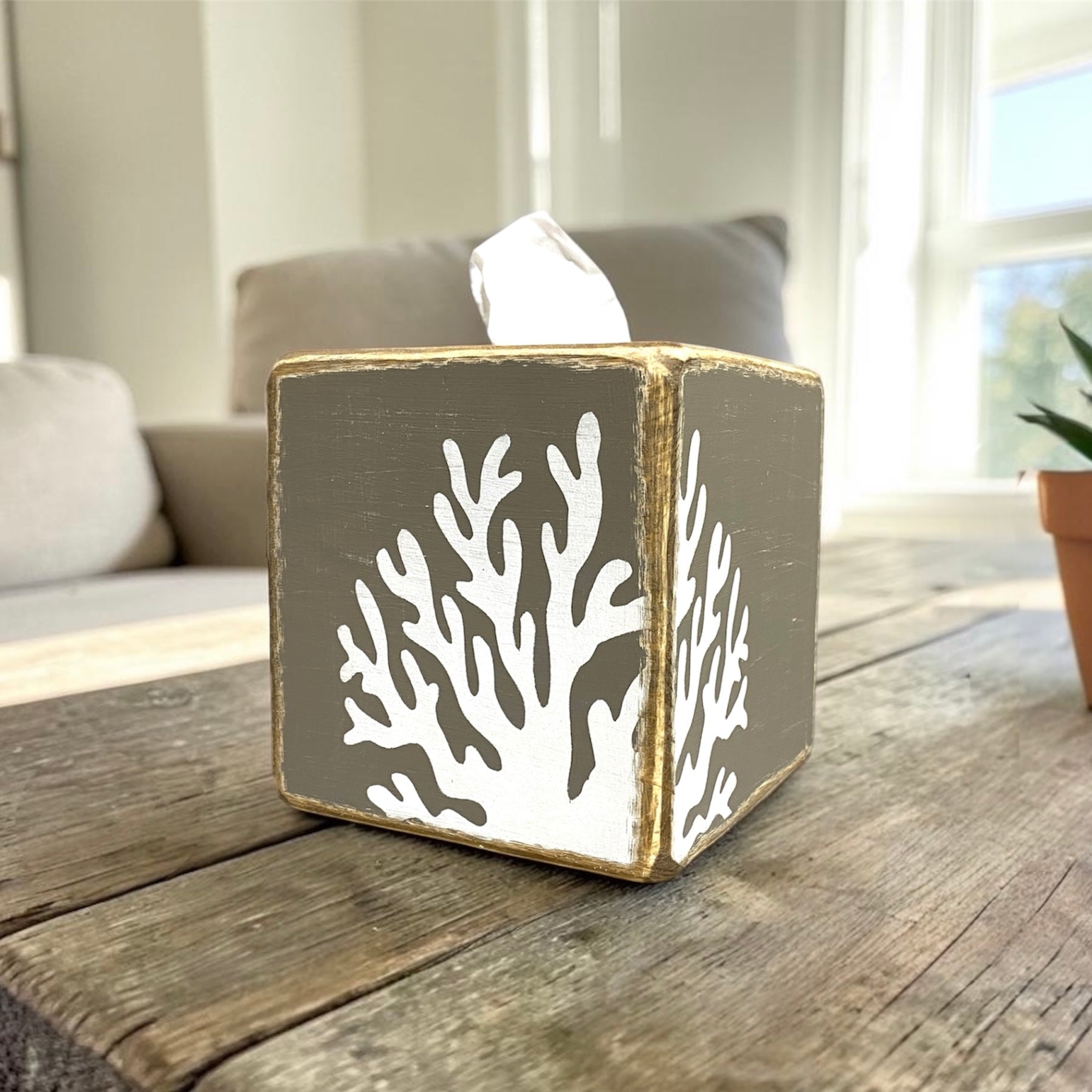 ocean coral beach tissue box cover for spa or coastal home. Painted in a soft sand color for neutral homes and beach bathrooms