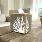 ocean coral beach tissue box cover for spa or coastal home. Painted in a soft sand color for neutral homes and beach bathrooms
