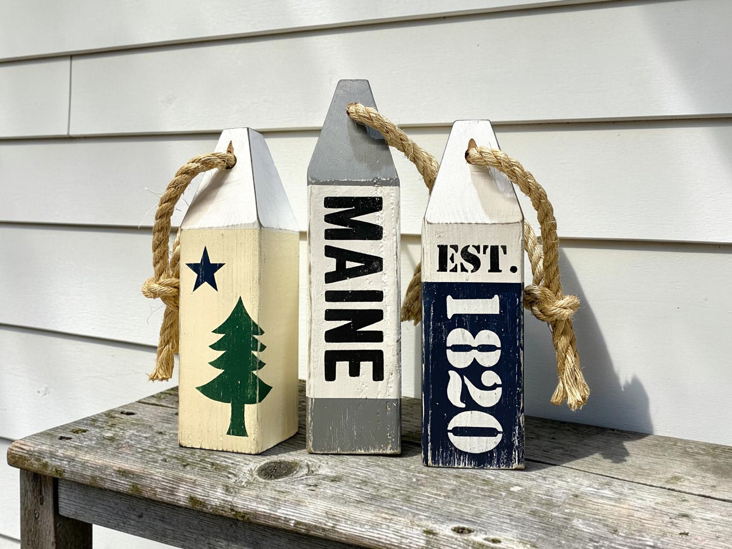 Original Maine Flag Decor | Nautical Wood Buoy Set