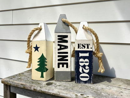 Original Maine Flag Decor | Nautical Wood Buoy Set