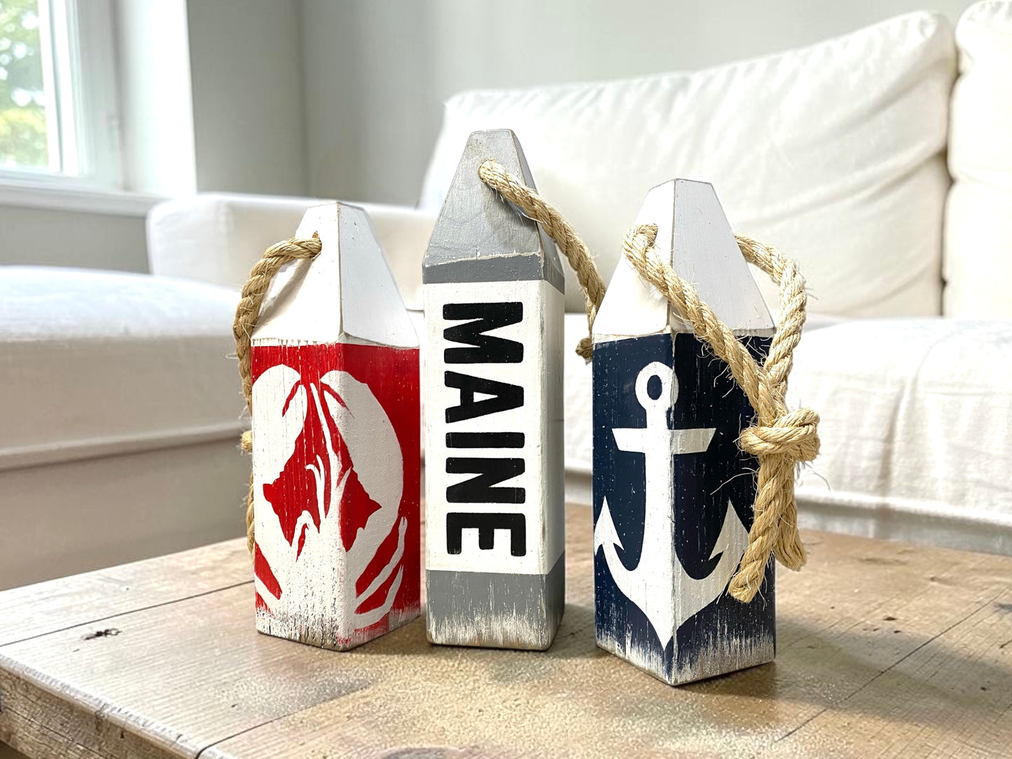 Hand Painted Maine Lobster Wood Buoy Set
