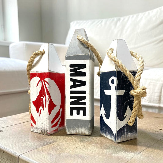 hand painted maine lobster buoy set with lobster and anchor design for nautical or coastal maine decor from Portland Maine to Bar Harbor and Acadia National Park