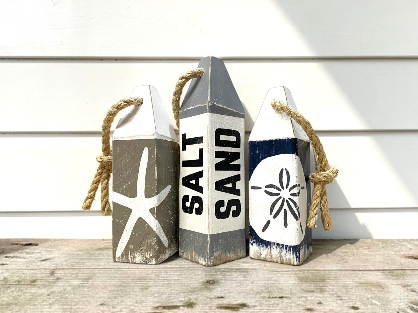Salt Sand Beach House Wood Buoy Set, Sandollar Starfish