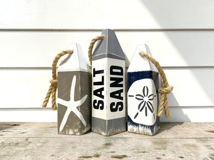 Salt Sand Beach House Wood Buoy Set, Sandollar Starfish