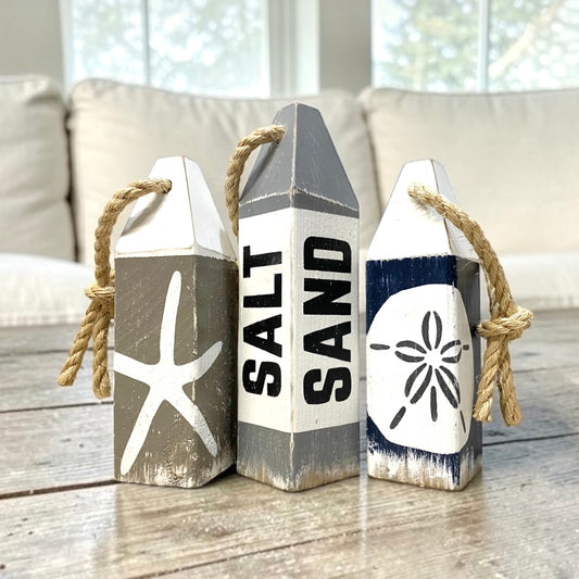 Salt Sand Beach House Wood Buoy Set, Sandollar Starfish