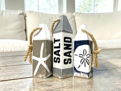 Salt Sand Beach House Wood Buoy Set, Sandollar Starfish