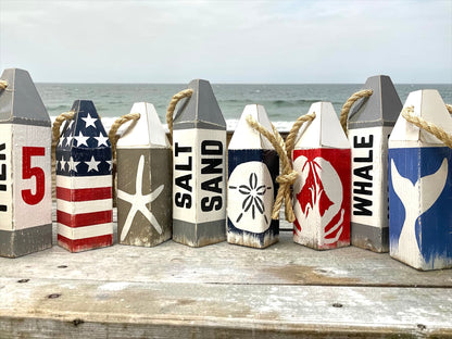 Salt Sand Beach House Wood Buoy Set, Sandollar Starfish