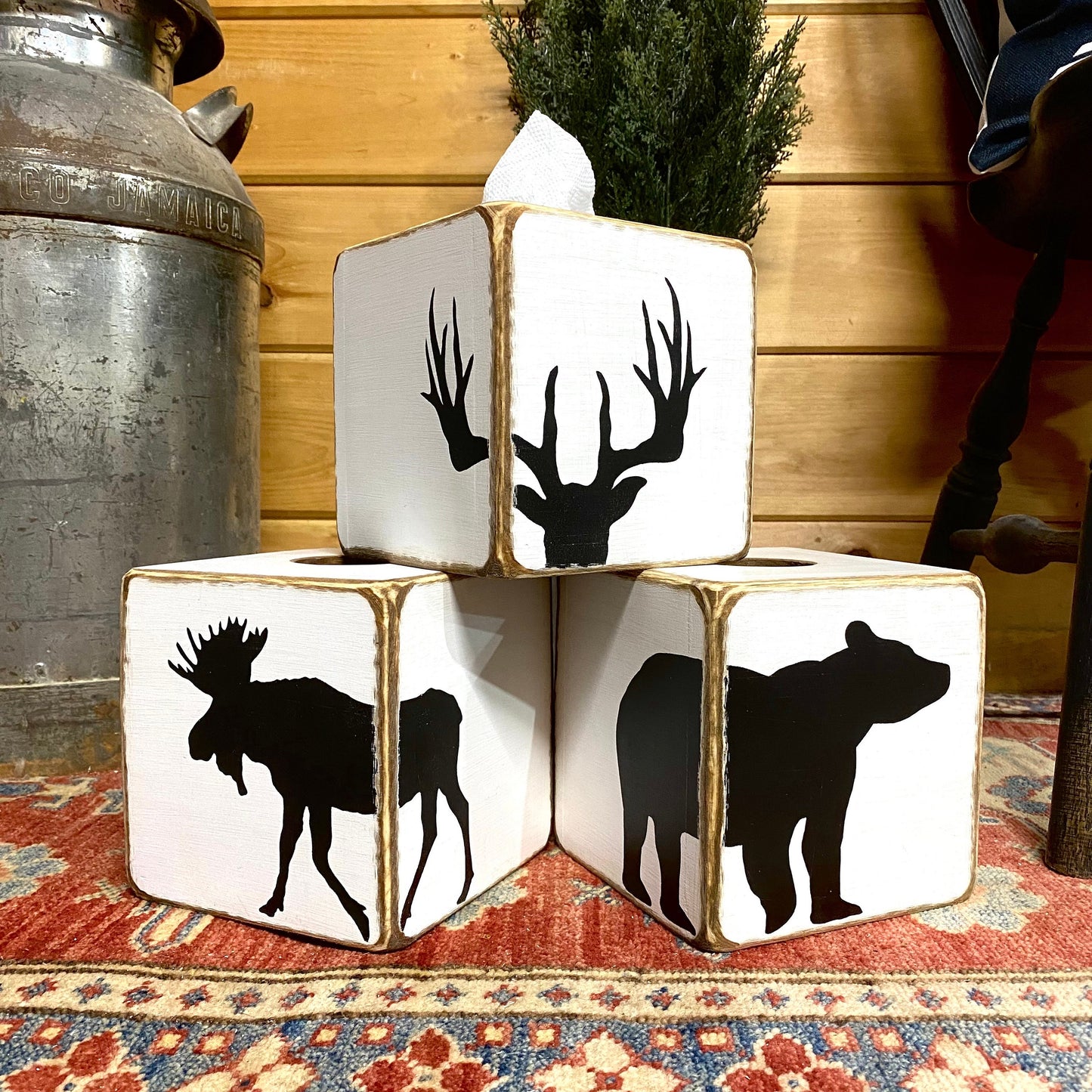 Deer Hunting Tissue Box Cover, Rustic Antler Log Cabin Decor