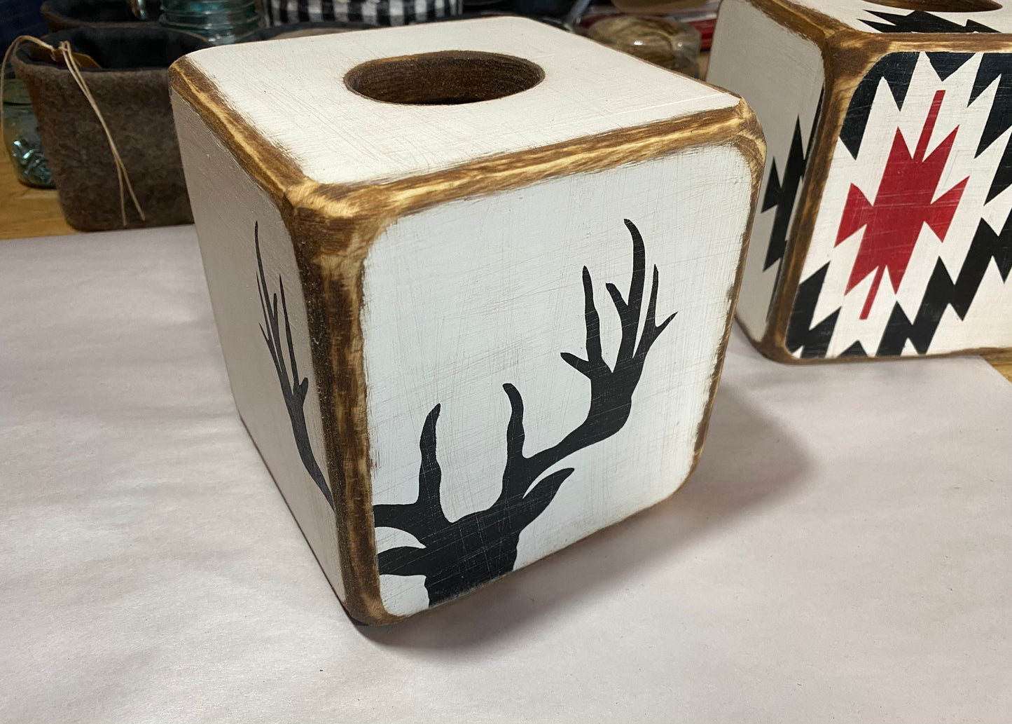 Deer Hunting Tissue Box Cover, Rustic Antler Log Cabin Decor