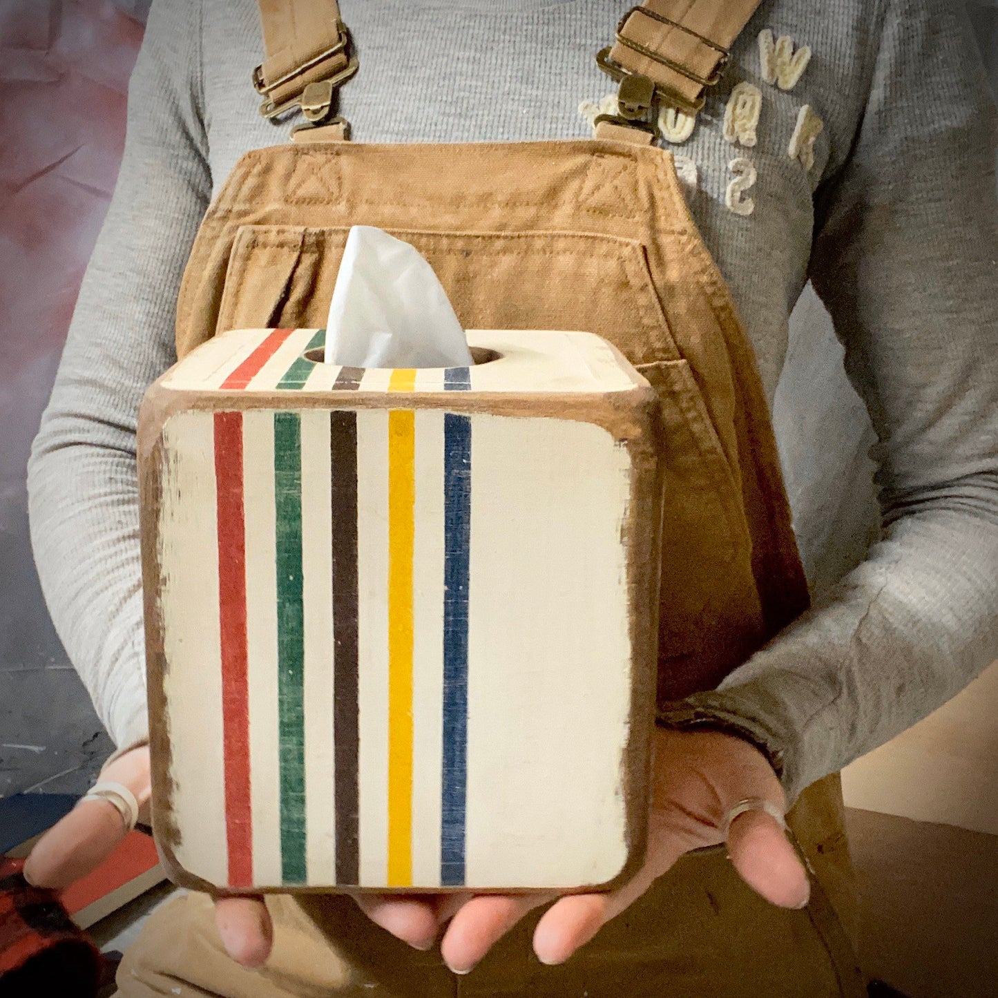 Rustic Striped Wood Tissue Box Cover, Log Cabin Bathroom Decor