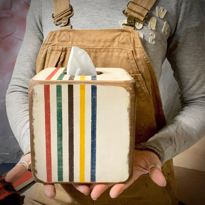 Rustic Striped Wood Tissue Box Cover, Log Cabin Bathroom Decor