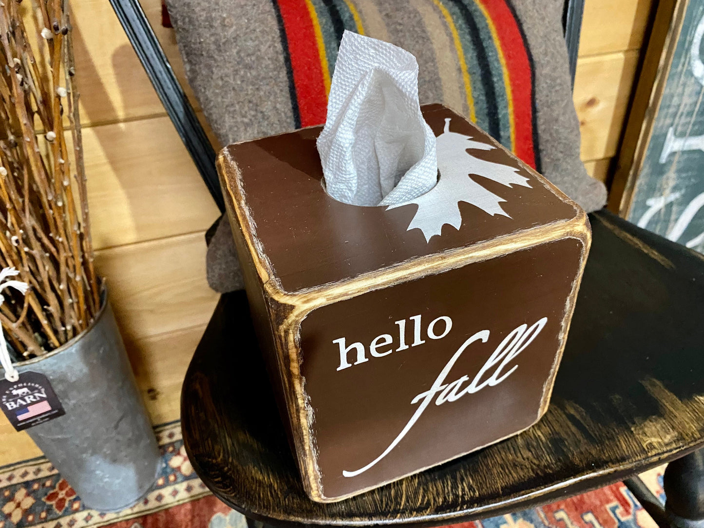 Hello Fall Rustic Wood Tissue Box Cover