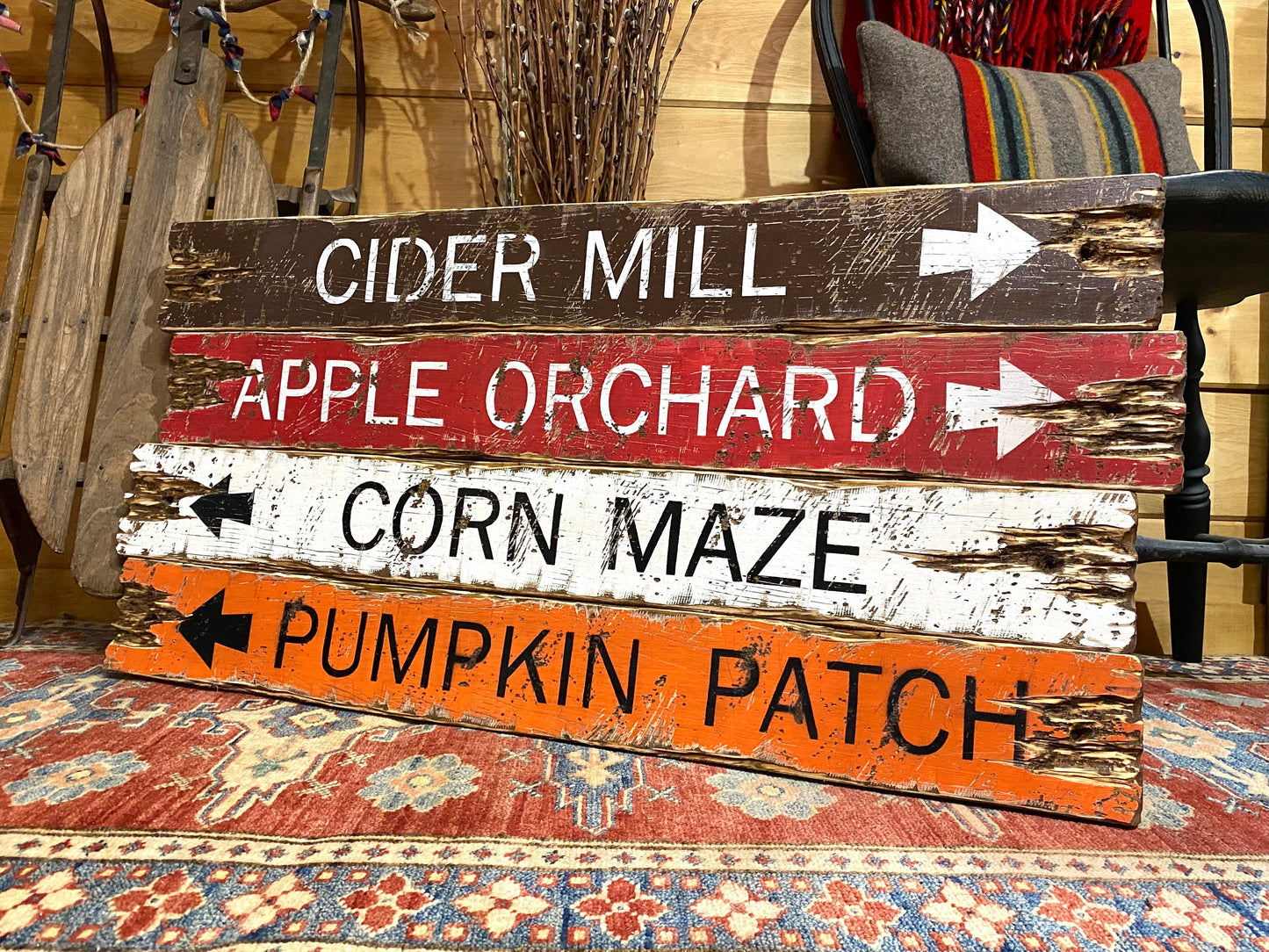 Hand-painted rustic fall wood sign with “Cider Mill, Apple Orchard, Corn Maze, Pumpkin Patch” — farmhouse autumn décor for cozy cabins and country homes, handmade in Maine