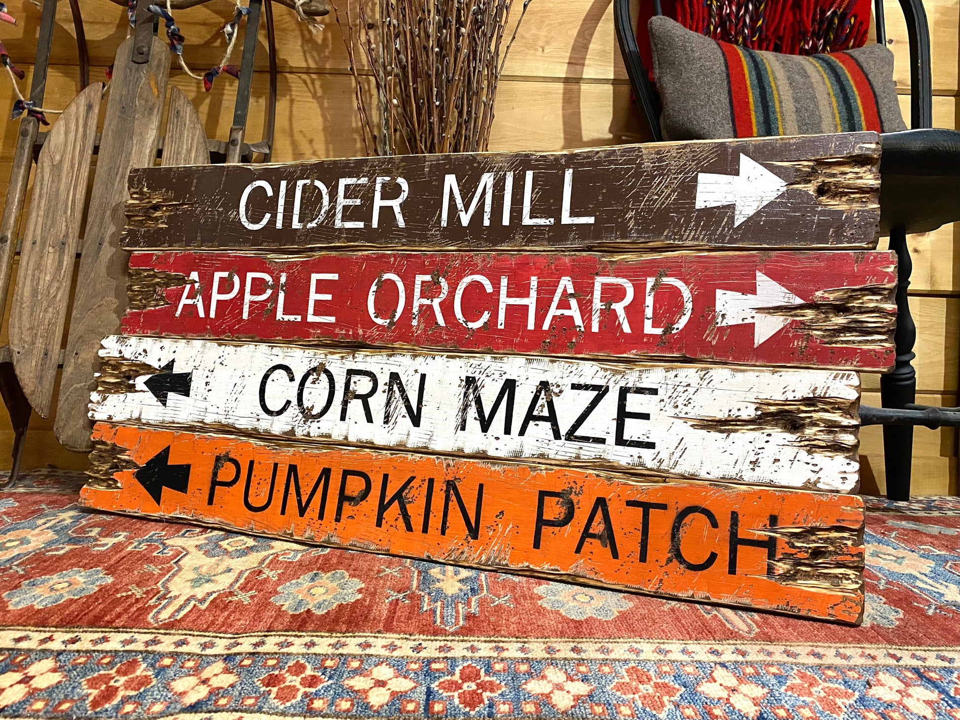 Hand-painted rustic fall wood sign with “Cider Mill, Apple Orchard, Corn Maze, Pumpkin Patch” — farmhouse autumn décor for cozy cabins and country homes, handmade in Maine