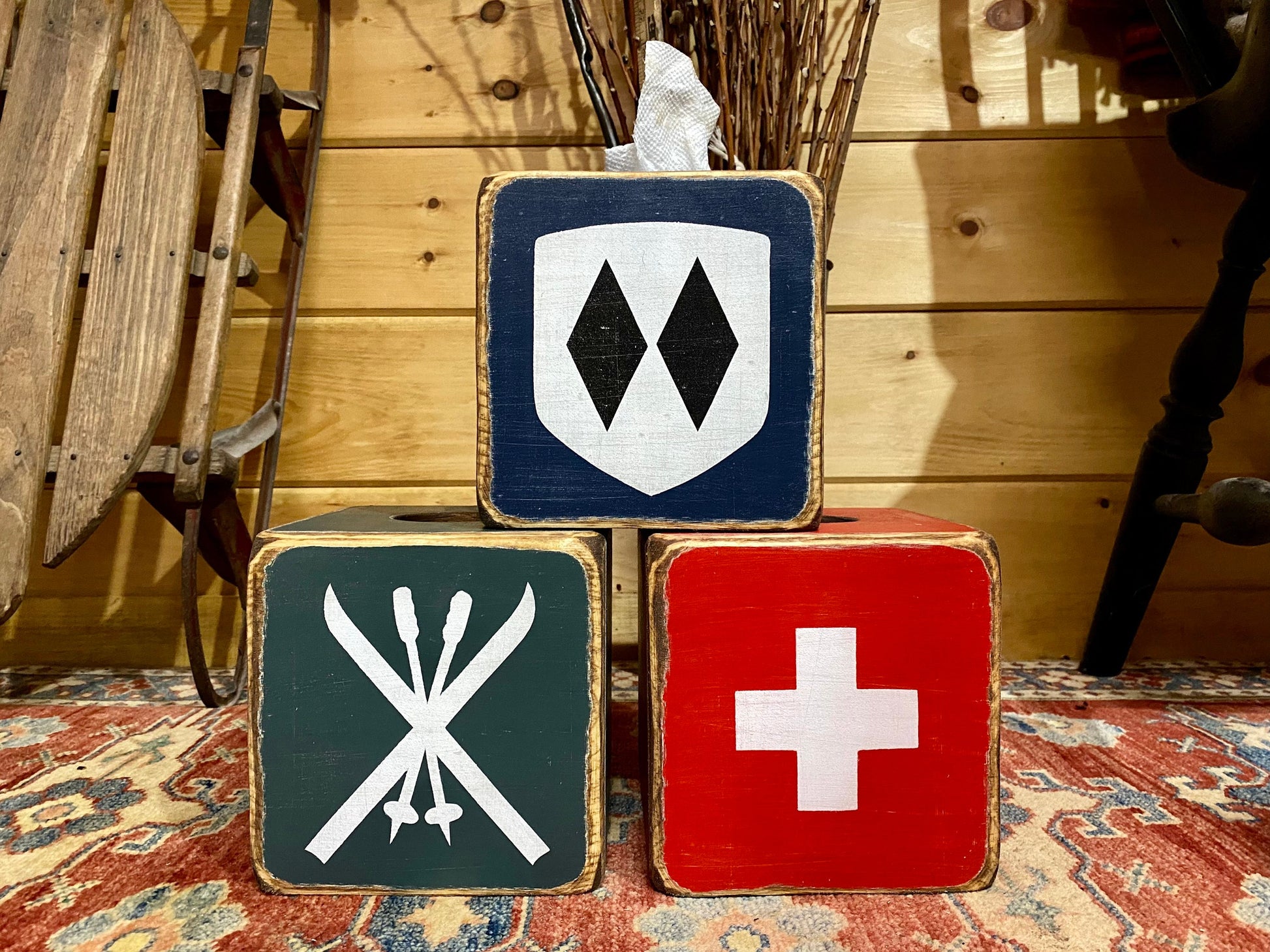 Rustic ski decor tissue box