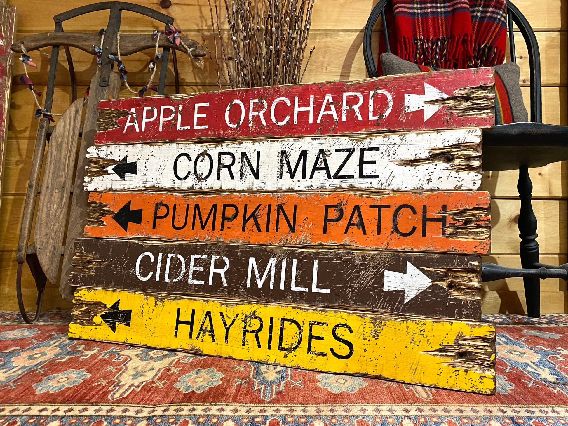 Hand-painted rustic fall wood sign set — apple orchard, corn maze, pumpkin patch, cider mill, hayrides — farmhouse autumn wall decor handmade in Maine