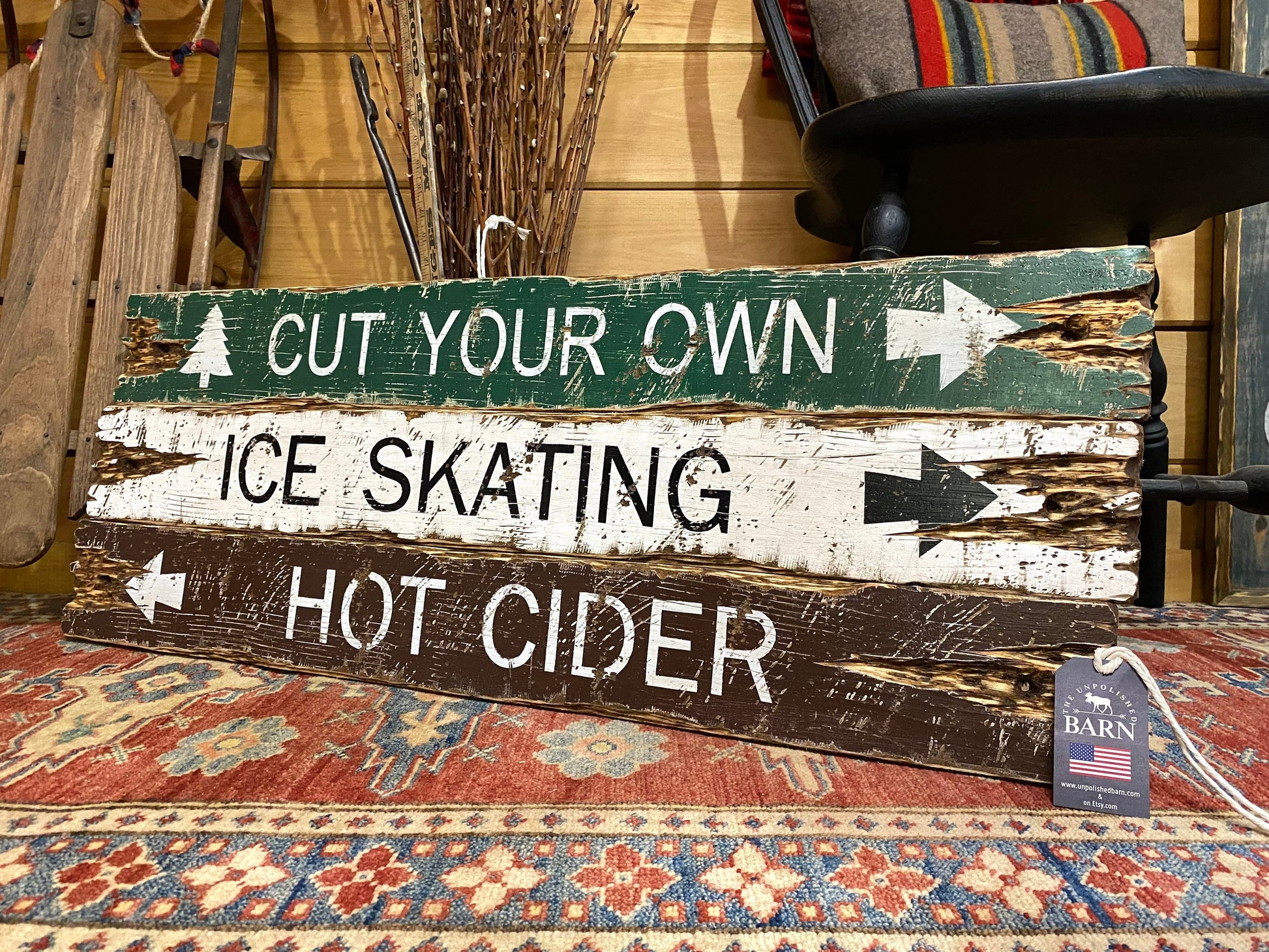 Rustic farmhouse and lodge wall sign handmade in Maine, vintage-style cut your own ice skating hot cider decor for cabin, farmhouse, or winter home.