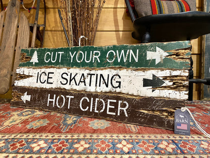 Rustic farmhouse and lodge wall sign handmade in Maine, vintage-style cut your own ice skating hot cider decor for cabin, farmhouse, or winter home.