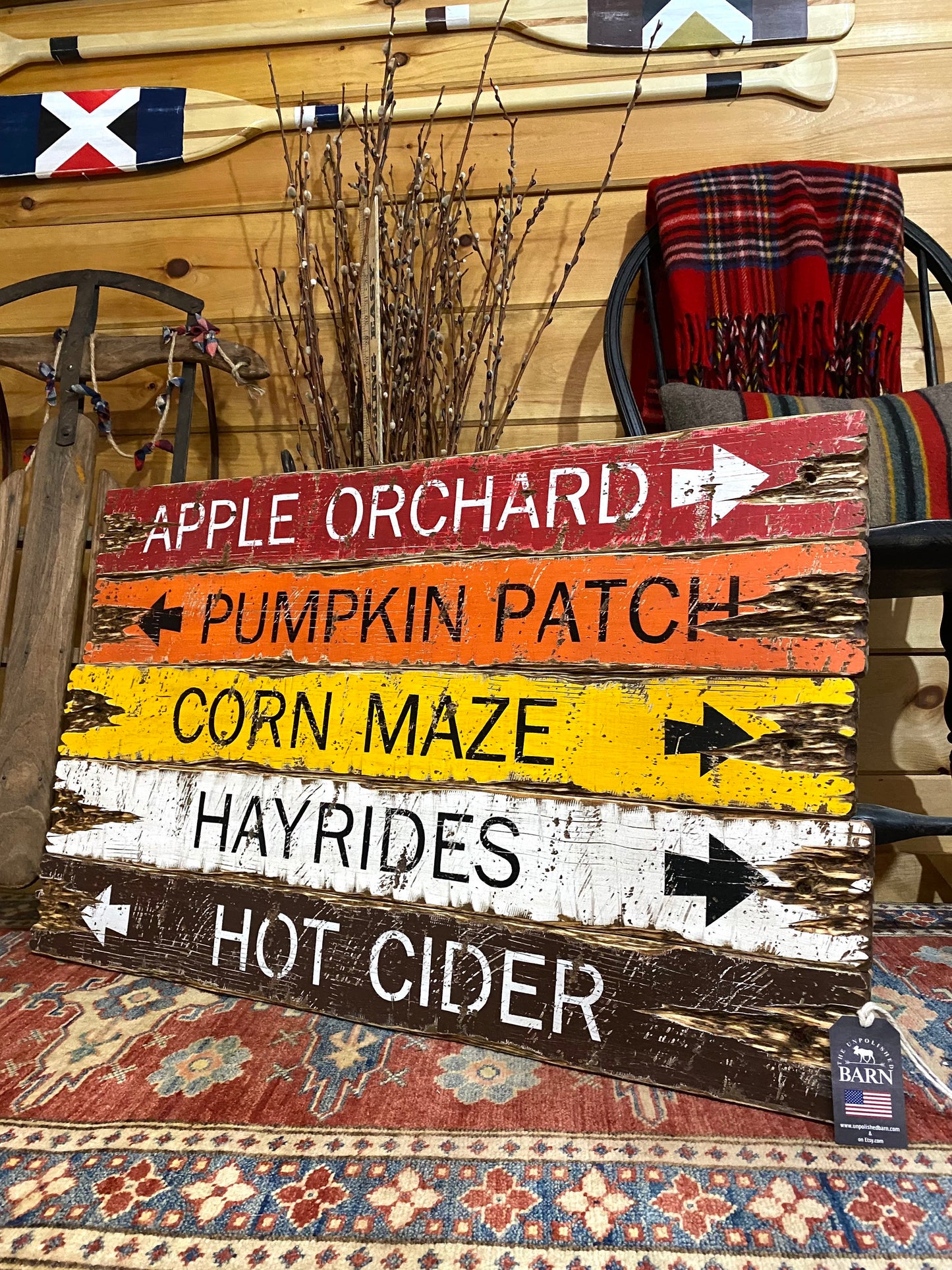 Rustic New England farmhouse fall décor sign handmade in Maine, featuring apple orchard, pumpkin patch, and hayride directional arrows — cozy cabin and lodge wall art for autumn decorating