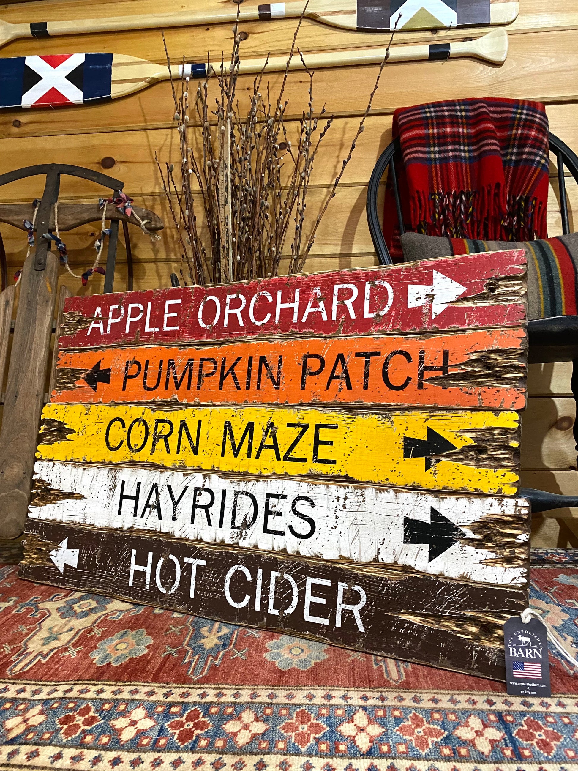 Rustic New England farmhouse fall décor sign handmade in Maine, featuring apple orchard, pumpkin patch, and hayride directional arrows — cozy cabin and lodge wall art for autumn decorating