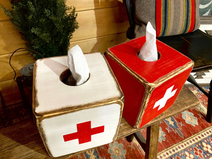 First Aid Rustic Wood Tissue Box Cover, Lifeguard & Ski Cabin