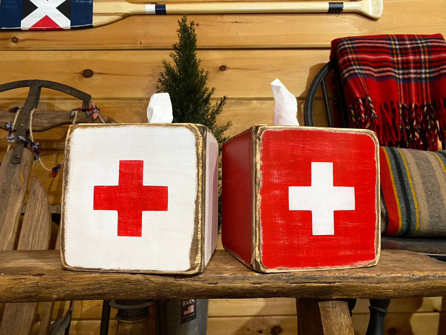 First Aid Rustic Wood Tissue Box Cover, Lifeguard & Ski Cabin