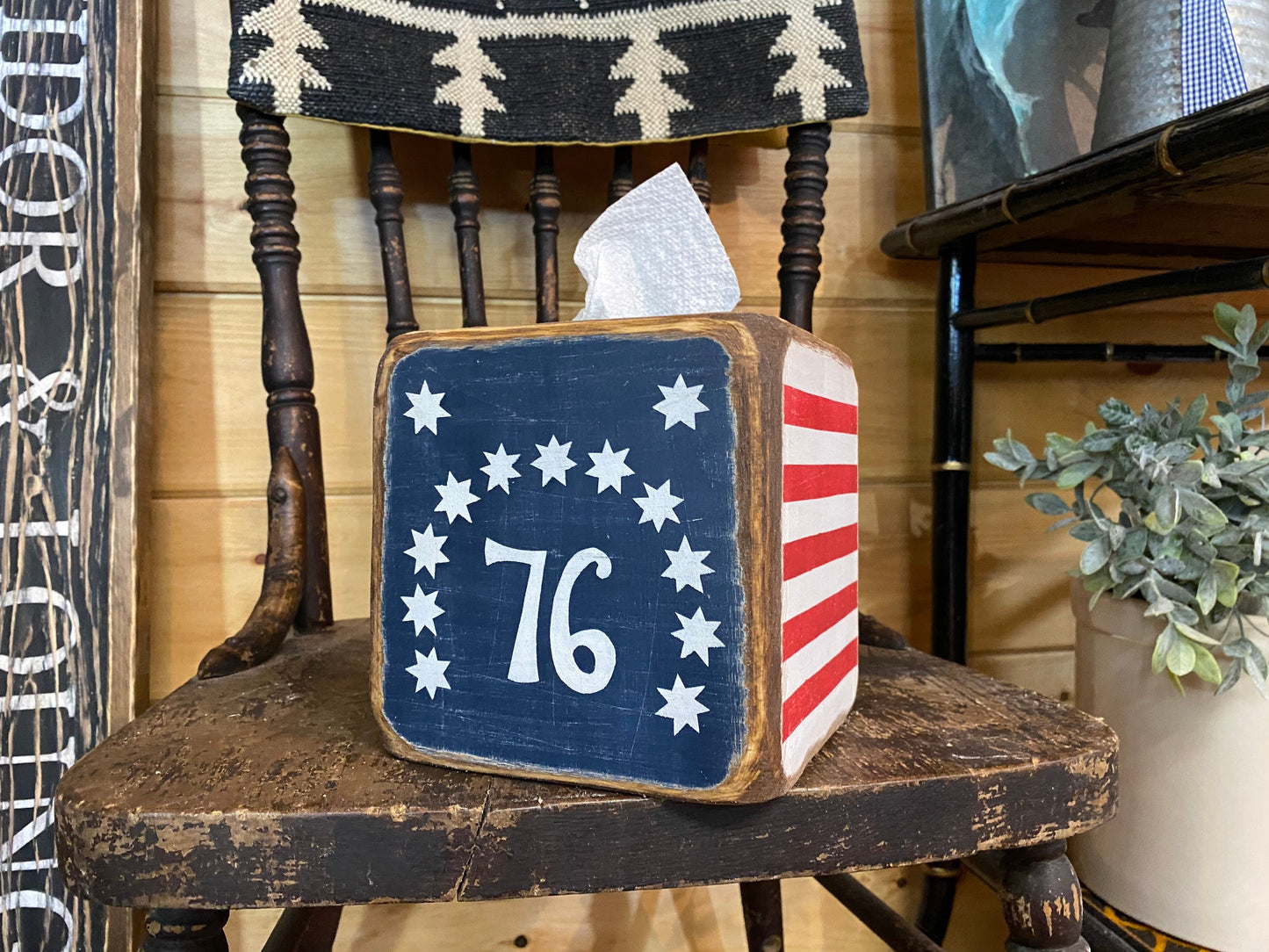 Rustic Bennington Flag Wood Tissue Box Cover, Patriotic Decor