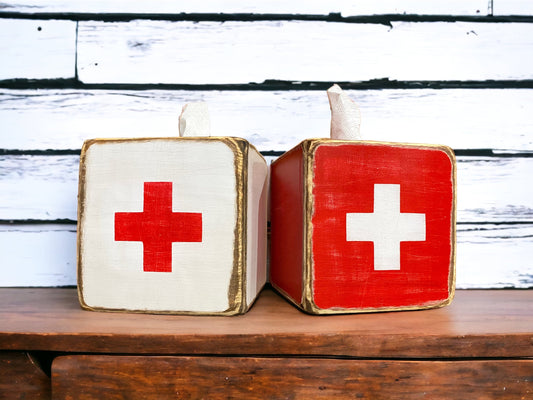 First Aid Rustic Wood Tissue Box Cover, Lifeguard & Ski Cabin