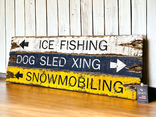 ice fishing and dog sledding signs