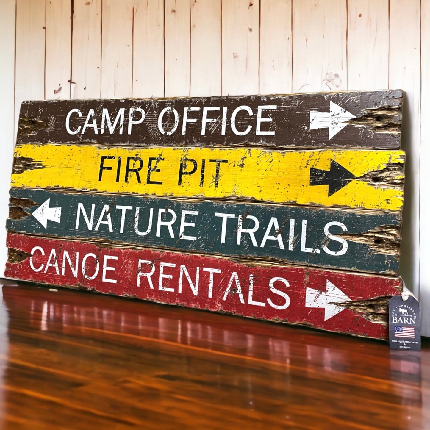 Rustic National Park directional sign set featuring Camp Office, Fire Pit, Nature Trails, and Canoe Rentals, hand painted wood cabin and lodge wall decor, handmade in Maine