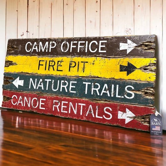 Rustic National Park directional sign set featuring Camp Office, Fire Pit, Nature Trails, and Canoe Rentals, hand painted wood cabin and lodge wall decor, handmade in Maine