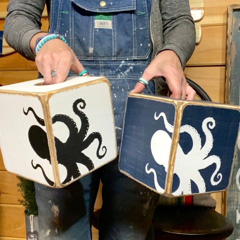 Octopus Wood Tissue Box Cover, Coastal Beach House