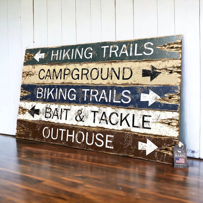 Rustic campground wooden sign with arrows to Hiking Trails, Campground, Biking Trails, Bait & Tackle, and Outhouse, handcrafted distressed outdoor cabin wall decor by The Unpolished Barn LLC