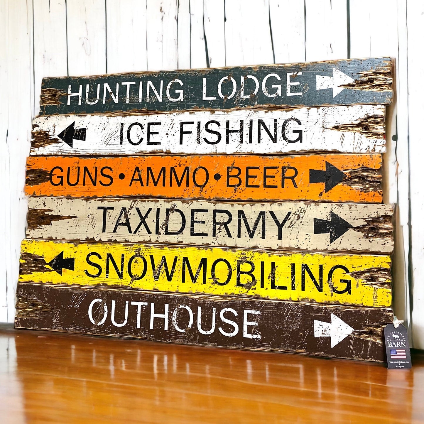 Hunting lodge and ice fishing signs