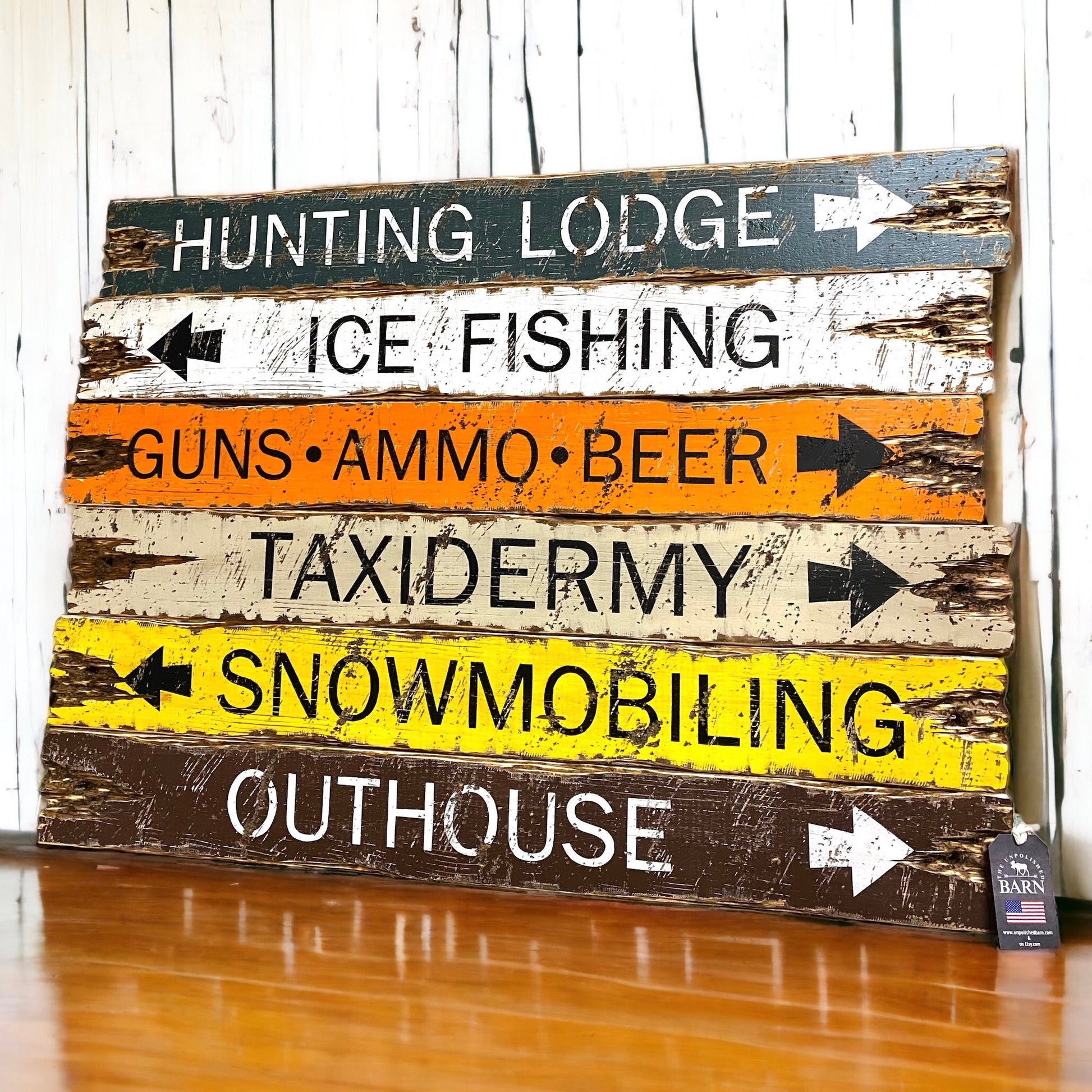 Hunting lodge and ice fishing signs