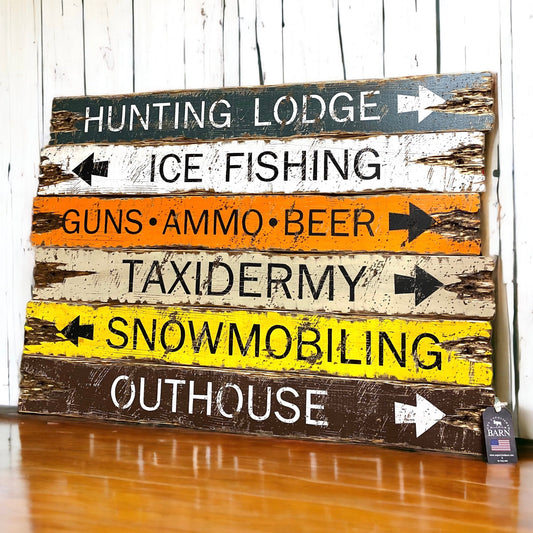 Hunting lodge and ice fishing signs