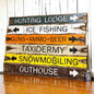 Hunting lodge and ice fishing signs